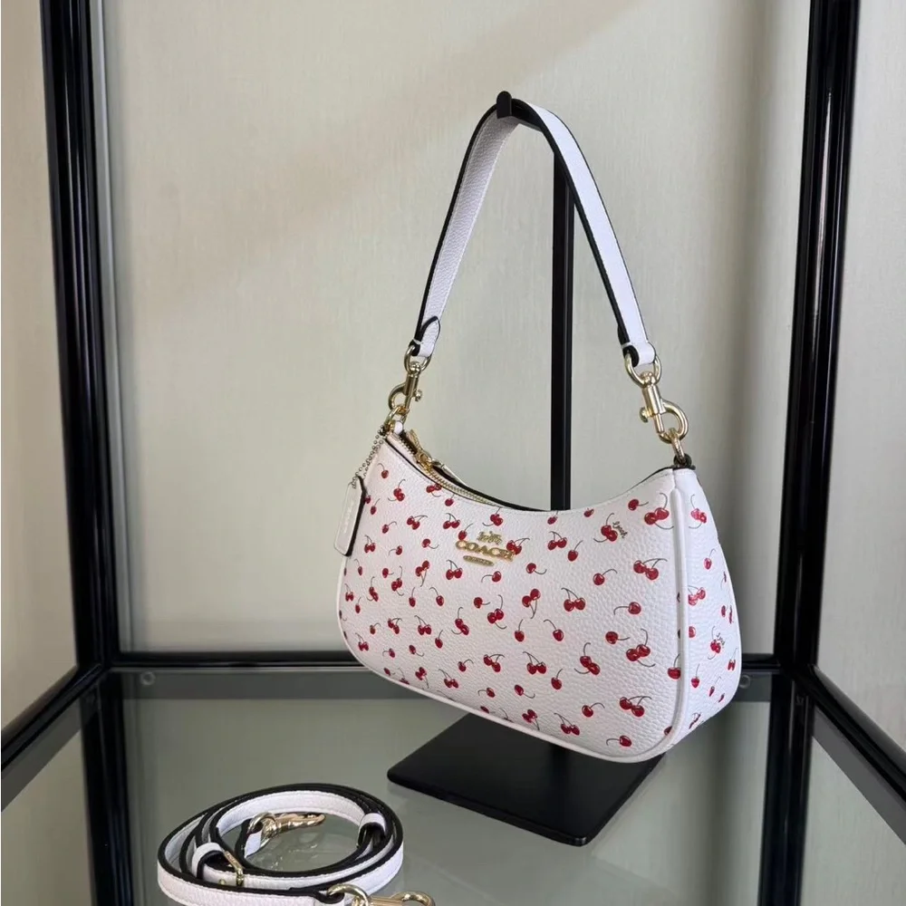 Coach White Leather Shoulder Bag with Red Cherry Print